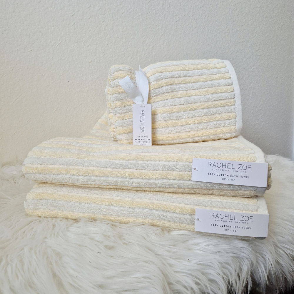 4pc Rachel Zoe Bath Towels set (2 Bath + 2 Hand Towels) Yellow Cream 100% cotton